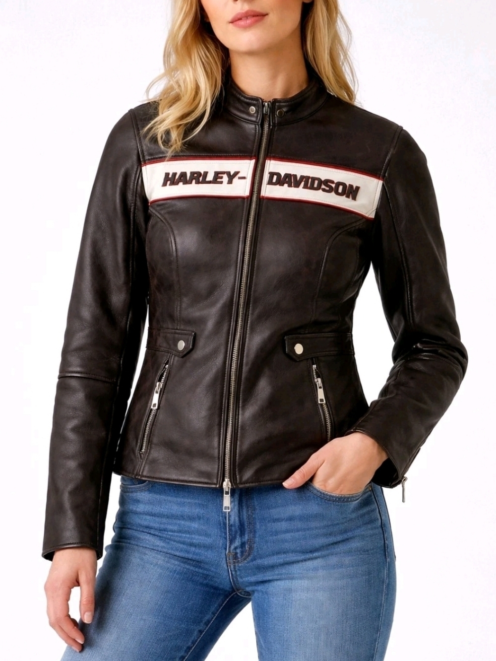 NEW Harley-Davidson Victory Lane Brown Cowhide Leather Moto Jacket Womens XS